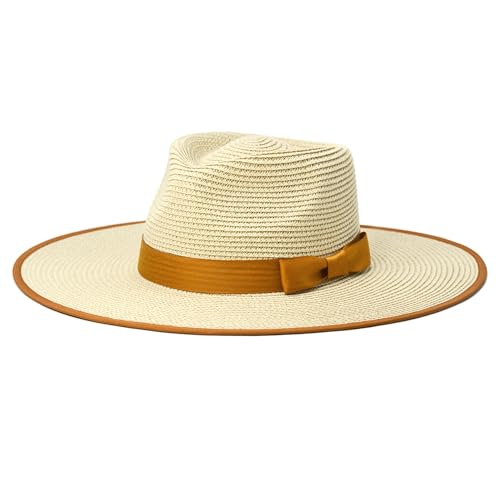 FLUFFY SENSE. Unisex Wide Brim Sun Hat Straw Panama Rancher Fedora Hat for Men Beach Hat for Women - color: Beige, size: Large