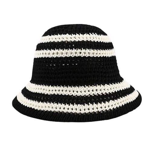 Gogobear Summer Straw Sun Hat for Women Outdoor Striped Beach Bucket Hat - color: Black