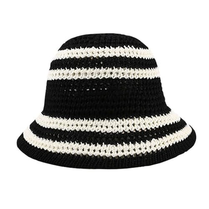 Gogobear Summer Straw Sun Hat for Women Outdoor Striped Beach Bucket Hat - color: Black