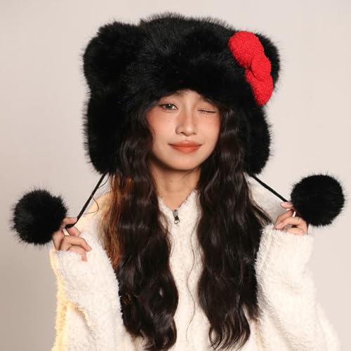 Winter Cute Faux Fur Trapper Hat for Women Cartoon Animal Ear Sherpa Beanie Hat Furry Cover with Pom Earflap Gifts - color: Black