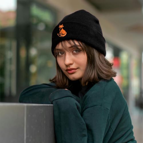 Black Beanie Hat for Men Women Embroidered Knit Winter Beanies Cap - color: Fox