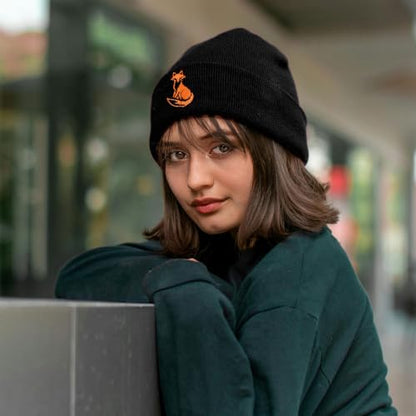 Black Beanie Hat for Men Women Embroidered Knit Winter Beanies Cap - color: Fox