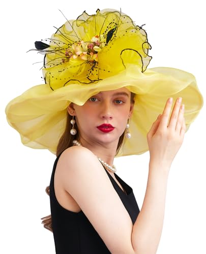 Women Organza Derby Hat Fascinator Tea Party Wedding Church Derby Hat Fascinator Hats Dual-use - color: 02d Yellow
