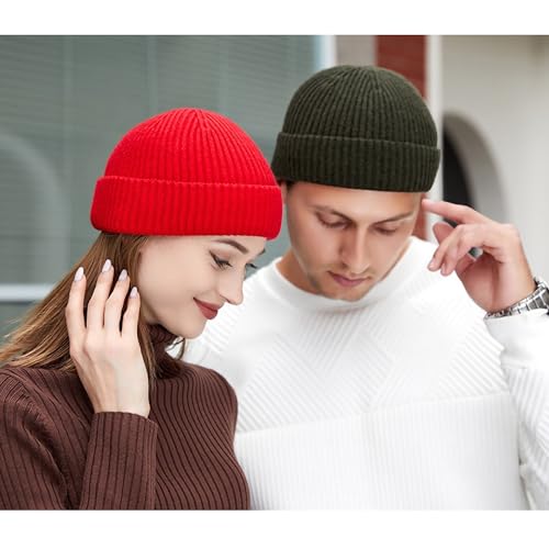 Fisherman Beanie for Men Knit Trawler Beanie Short Cuffed Watch Cap for Men Women - color: Red