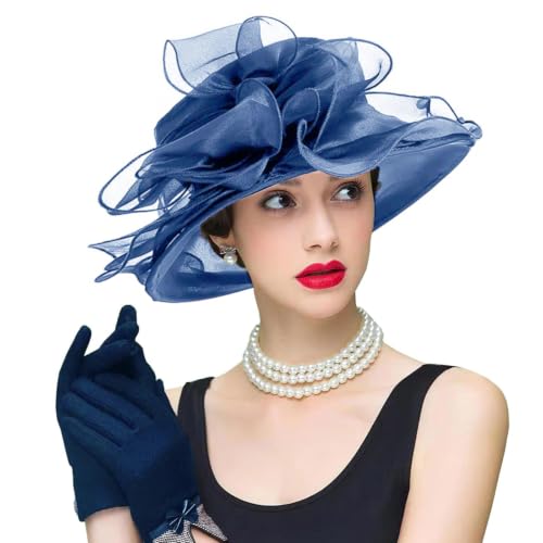 Women's Kentucky Derby Church Dress Hat Wide Brim Leaf Flower Bridal Shower Hat - color: S10 Navy