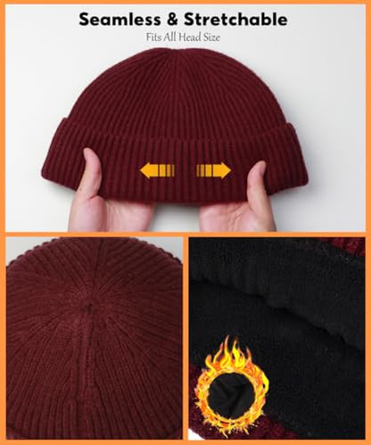 Heniho Wool Fleece Lined Fisherman Beanie for Men, Winter Warm Hats Cuffed Knit Watch Cap Trawler Hat - color: 2pack M- Black&wine Red