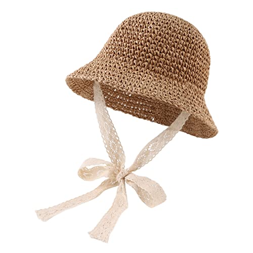 JANGANNSA Baby Girl Straw Hat Outdoor Baby Sun Protection Hats Summer Bowknot Beach Cap for Infant Toddler Girls - color: Lace Tie-khaki, size: 6-24 Months