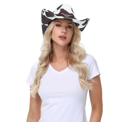 WQWOVRVO Cowboy Hat,Cowgirl Hat,Western Cowboy Hats for Women/Mens/Straw Wide with Shapeable Brim Cowboy Hat for Womens - color: Brown Cow Pattern