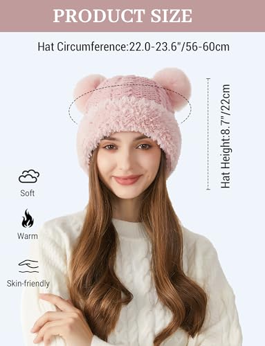 FEOYA Womens Knit Winter Beanie Hat with Faux Fur Pompom Fuzzy Cute Knit Fleece Lined Skull Cap - color: Pink
