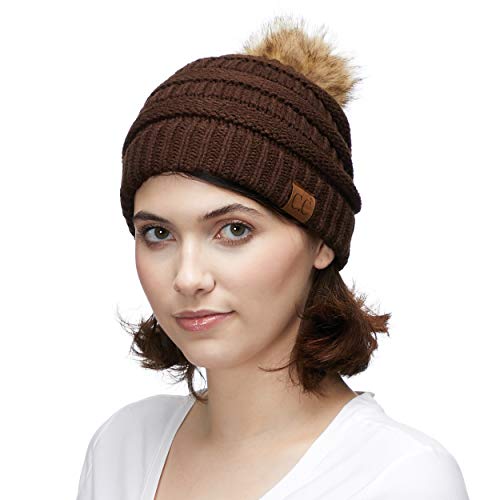 C.C Fur Pom Winter Fall Trendy Chunky Stretchy Cable Knit Beanie Hat - color: Solid Brown