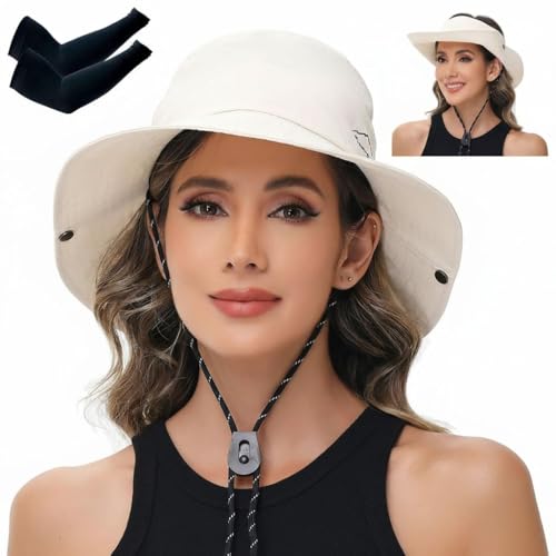 Sun Hats for Women Bucket Hat UV Protection Fishing Hat Wide Brim Safari Hats 2 in 1 Zip-Off Sun Visor Hats UPF 50+ - color: With One Pair Cooling Sleeves-1pack-beige