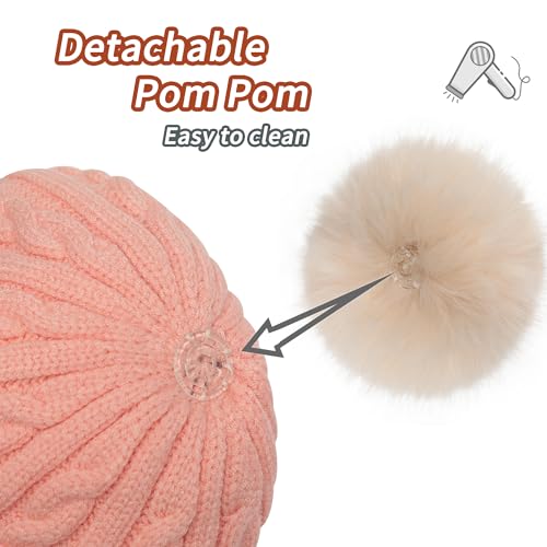 ZLYC Kids Girls Boy Winter Hat Cotton Lined Pom Pom Beanie Earflap Knit Cap - color: Solid Pink