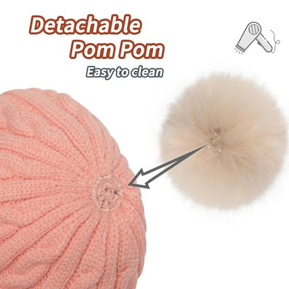 ZLYC Kids Girls Boy Winter Hat Cotton Lined Pom Pom Beanie Earflap Knit Cap - color: Solid Pink