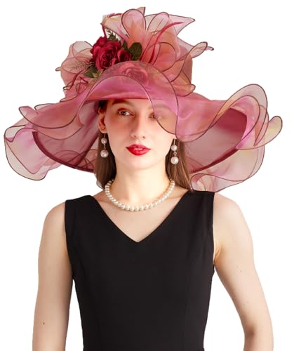 Women Derby Church Hat Organza Flower Wedding Tea Party Fascinator Wide Brim Sun Hat - color: 13-sunset Red