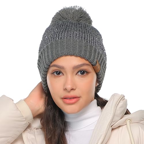 C.C Sequin Pom Beanie for Women - Acrylic Stretchable Soft Warm Knit Winter Skully Hat with Yarn Pom - color: Sequin-dk Mel Grey / Grey