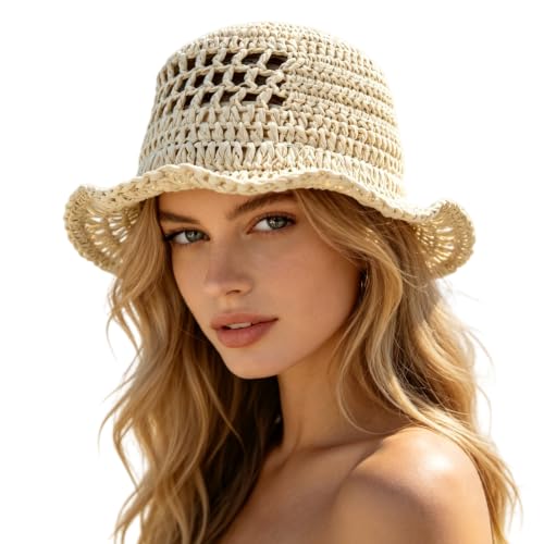 Floppy Big Beach Straw Hats for Women Foldable Summer Wide Brim Packable Sun Hat Womens Travel Straw Fedora Hat - color: Beige-6