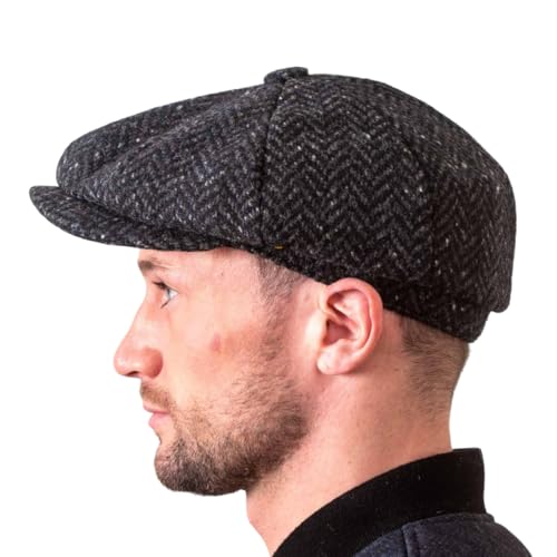 Hatman of Ireland Men's 100% Kerry Woollen Mills Tweed 8 Piece Cap Irish Newsboy Hat, Made in Ireland - color: Charcoal, size: Large