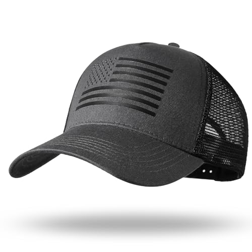 American Flag Trucker Hat - Snapback Hat, Baseball Cap for Men Women - Breathable Mesh Side, Adjustable Fit - for Casual Wear - color: Dark Gray/Black