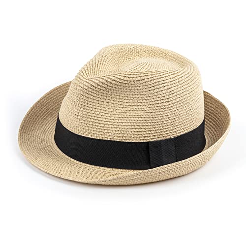 AQOKKA Summer Straw Fedora Hat for Women Men Travel Panama Hat with Wide Brim Roll Up Sun Hat for Beach Outdoor UPF 50+ - color: Beige