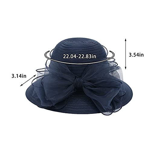 Haoohu Women's Church Derby Hat Wide Brim Bow Bucket Hat Wedding Dress Hat Fascinator Bridal Tea Party Hat - color: Navy Blue