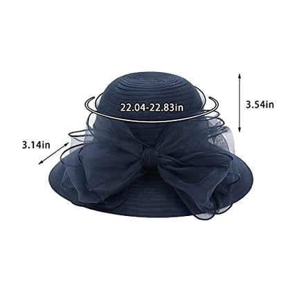 Haoohu Women's Church Derby Hat Wide Brim Bow Bucket Hat Wedding Dress Hat Fascinator Bridal Tea Party Hat - color: Navy Blue