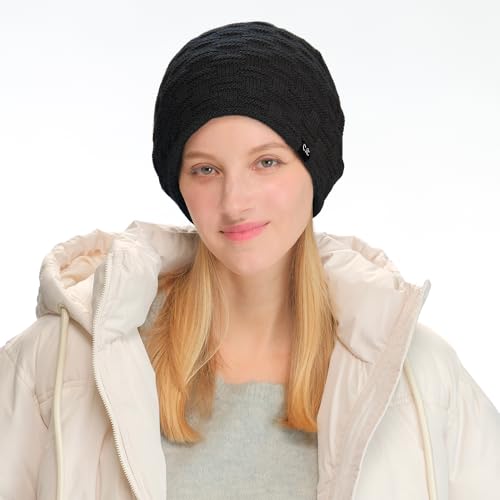 C.C Fuzzy Lined Beanie, Thick Soft Knit Winter Hat, Warm Cozy Skull Cap for Women & Men - color: Black