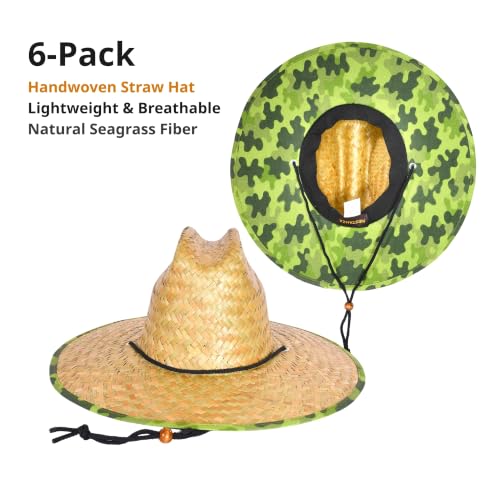 6 Pack Straw Hats – Bulk Wide Brim Lifeguard Sun Hats for Men & Women with Adjustable Chin Strap - color: Natural Straw With Camo Lining