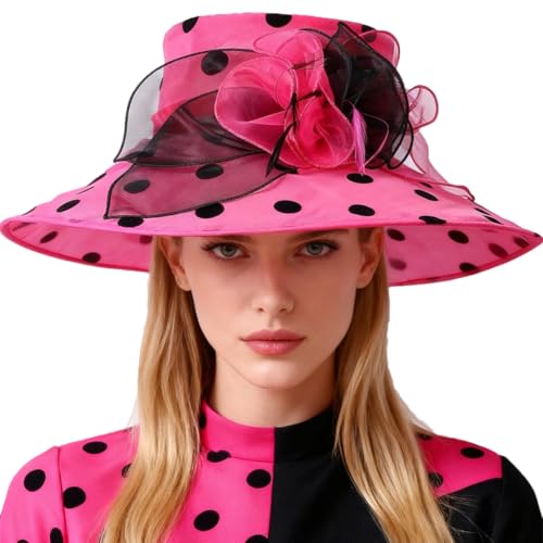 Organza Kentucky Dots Fascinator Hat for Women Ladies Wide Brim Big Sun Hats Wedding Church Hat Derby Cap - color: Rose and Black