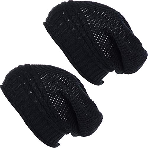 BYOS Women's Airy Cool Lightweight Cutout Long Slouchy Crochet Knit Beanie Hat - color: 2 Pack-net Black & Bk