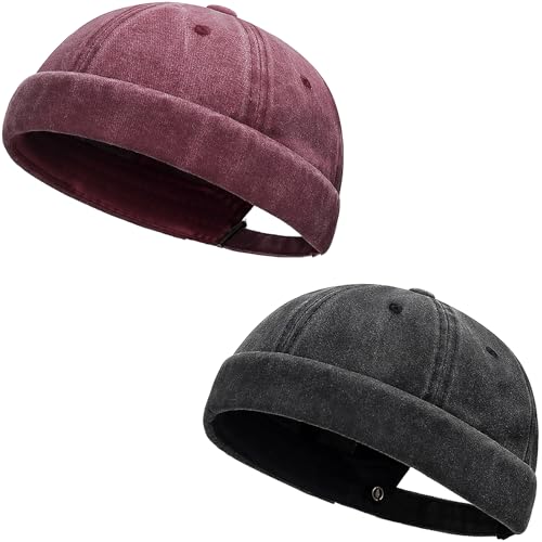 Initlove Docker Hat for Men Vintage Brimless Sailor Hat Beanie Cap - color: Black + Wine Red