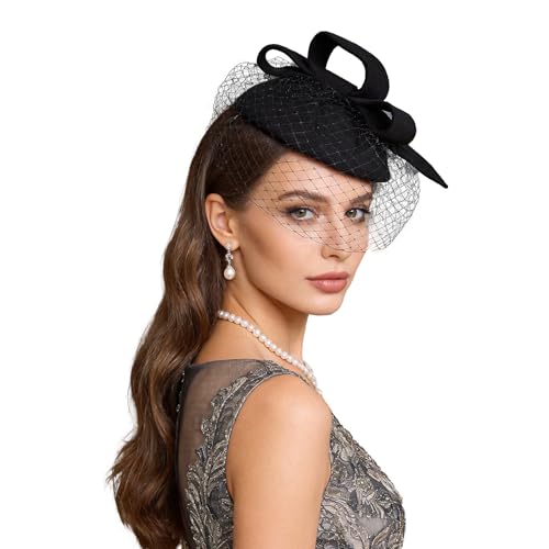 Vintage Style Fascinator Hat for Women Bow and Veil Wool Felt Pillbox Hats Hair Clip Formal Church, Wedding, Tea Party