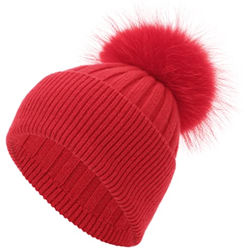 Women Real Fur Pom Pom Winter Ribbed Cuffed Knit Beanie Hat - color: Rc Red