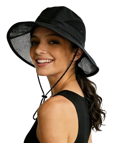 Women's Sun Hat with Ponytail Hole, Breathable Foldable Summer Hat with Shapeable Brim for Hiking Beach Gardening - color: Black