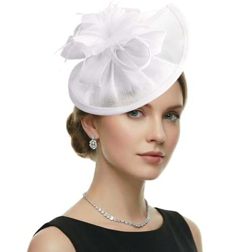 DRESHOW Fascinators Hat Feather Headband Women's Fascinators Tea Party Headwear with Clip Flower Head Band for Girls & Women - color: Medium Size: White