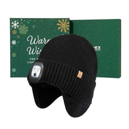 TOP-EX DryKnit™ Waterproof 50% Merino Wool LED Beanie Hat with Ear Flaps - color: Black+gift Box, size: X-Large-XX-Large