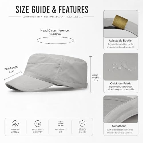 Cadet Army Cap Unisex Military Hat Adjustable Flat Top Cap Baseball Cap - color: Light Grey