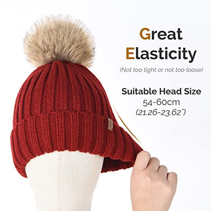 FURTALK Womens Winter Knitted Beanie Hat with Faux Fur Pom Warm Knit Skull Cap Beanie for Women - color: Wine Red