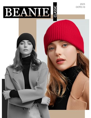 vidsel 50% Wool Thick Beanie Hat Men Women, Seamless Cuffed Winter Knit Cap - color: 1pcs Red