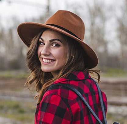 Lanzom Classic Fedora Hats for Women Lady Wide Brim Felt Panama Hat with Belt Buckle - color: Black