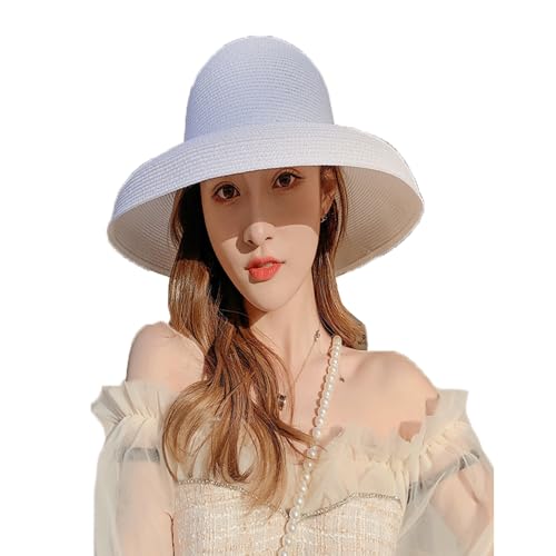 Women's Floppy Wide Brim Summer Beach Straw Hat UPF 50+ Sun Hat - color: White