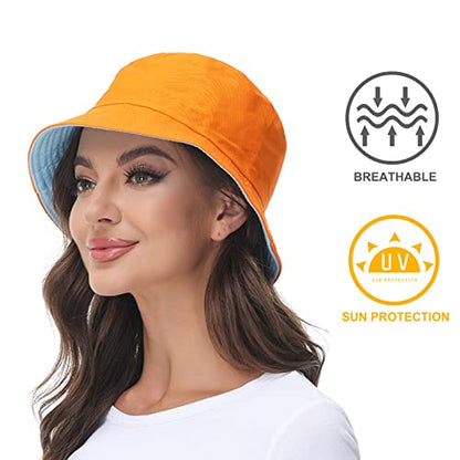 Women Reversible Bucket Hat, Summer Sun Hat for Women - color: Skyblue- Orange
