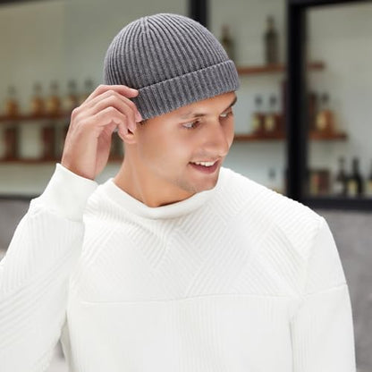 3 Pack Wool Fisherman Beanies for Men, Short Knit Watch Cap Cuffed Hats - color: B-black, Gray, Dark Green