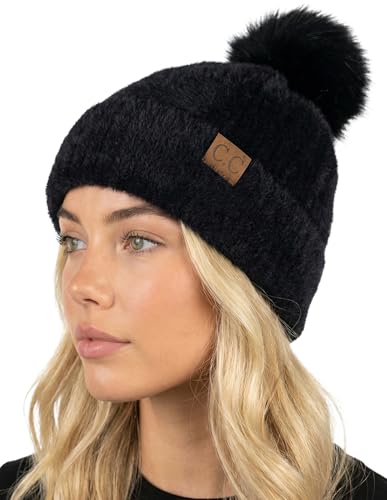 Funky Junque Beanie for Women Ultra Soft Chenille Faux Fur Pom Pom Winter Hats Warm Ski Cap Fashion - color: Black