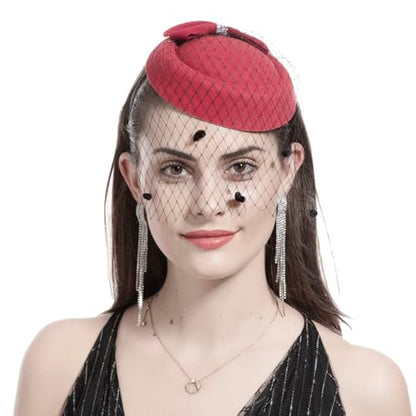 Small Fascinator Hats Pillbox Derby hat with Veil for Women Tea Party Bridal Wedding Halloween Church Cocktail - color: Red