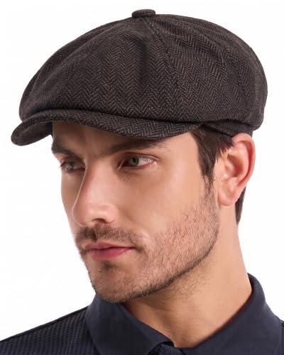 ZLYC Newsboy Cap for Men Summer Flat Cap Lightweight Beret Hat - color: Herringbone Dark Brown