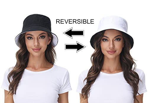 Women Reversible Bucket Hat, Summer Sun Hat for Women - color: Black- White