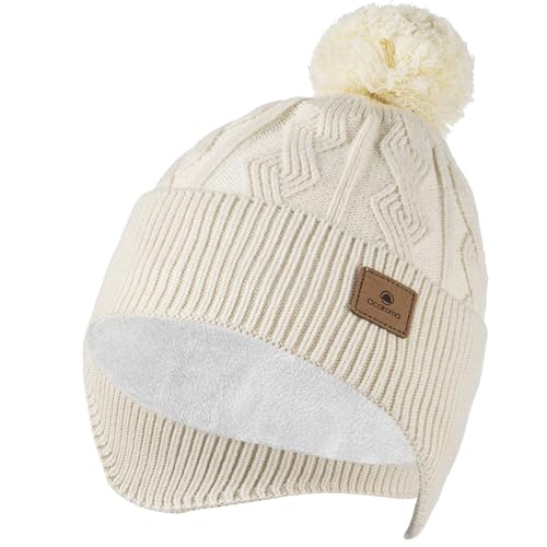 Ocatoma Winter Beanie with Earflap for Men Women Warm Knit hat Fleece Lined - color: Beige