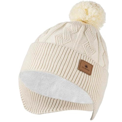 Ocatoma Winter Beanie with Earflap for Men Women Warm Knit hat Fleece Lined - color: Beige