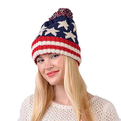 Parquet American Flag Knit Pom Beanie Ski Hat with Stars - size: Small-Medium