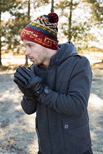 TINKUY Peru Alpaca Wool Winter Beanie, Handmade Bobble Hat, Unisex, One Size - color: Burgundy